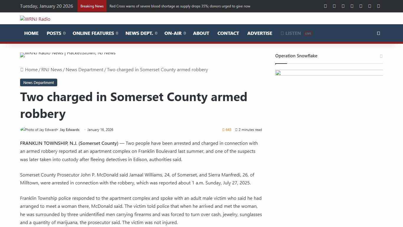 Two charged in Somerset County armed robbery - WRNJ Radio